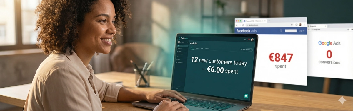 Business owner checking CertusAds performance dashboard