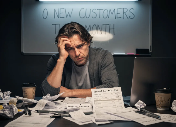 Stressed business owner buried in ad invoices with zero new customers