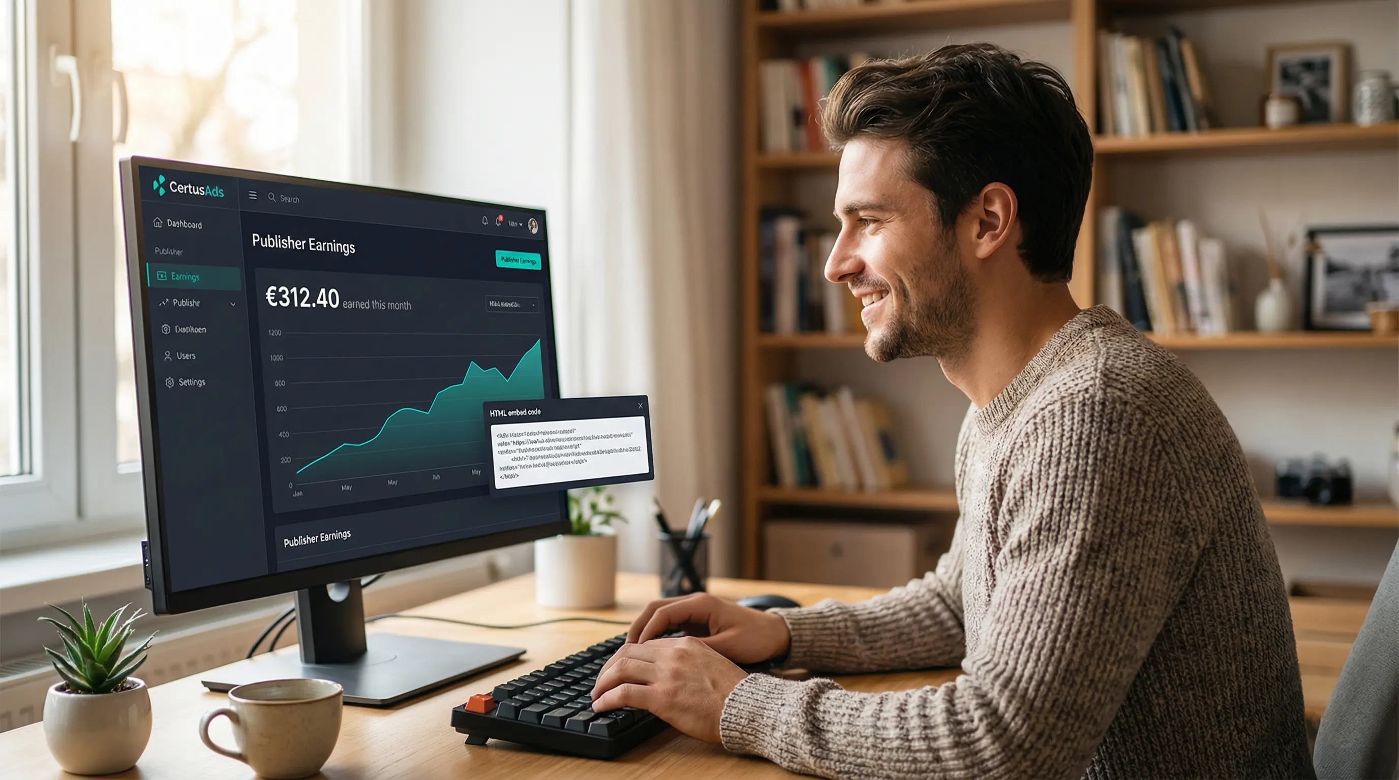 Content creator smiling at publisher earnings dashboard
