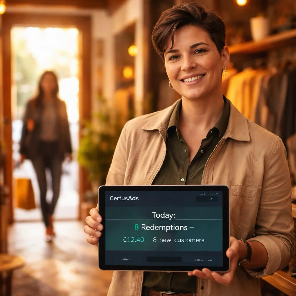 Business owner holding a tablet showing CertusAds campaign metrics