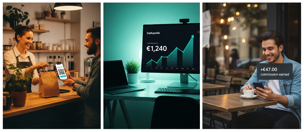 Triptych: shopkeeper with customer, analytics dashboard, publisher earning commission
